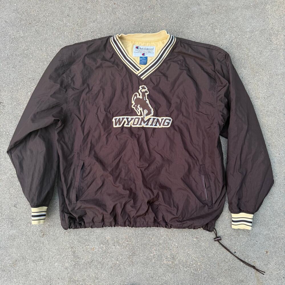 Vintage 90s Champion Wyoming Cowboys Brown Pullover V Neck Nylon Windbreaker XXL